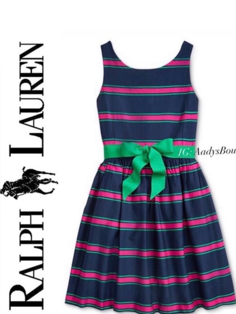 Polo Ralph Lauren Fit & Flare Belted Cricket Dress, Navy Pink Stripes Size 7 NWT